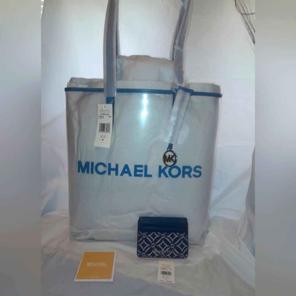 New Michael Kors Clear Tote & Matching ID Card Case In Demin Color NWT